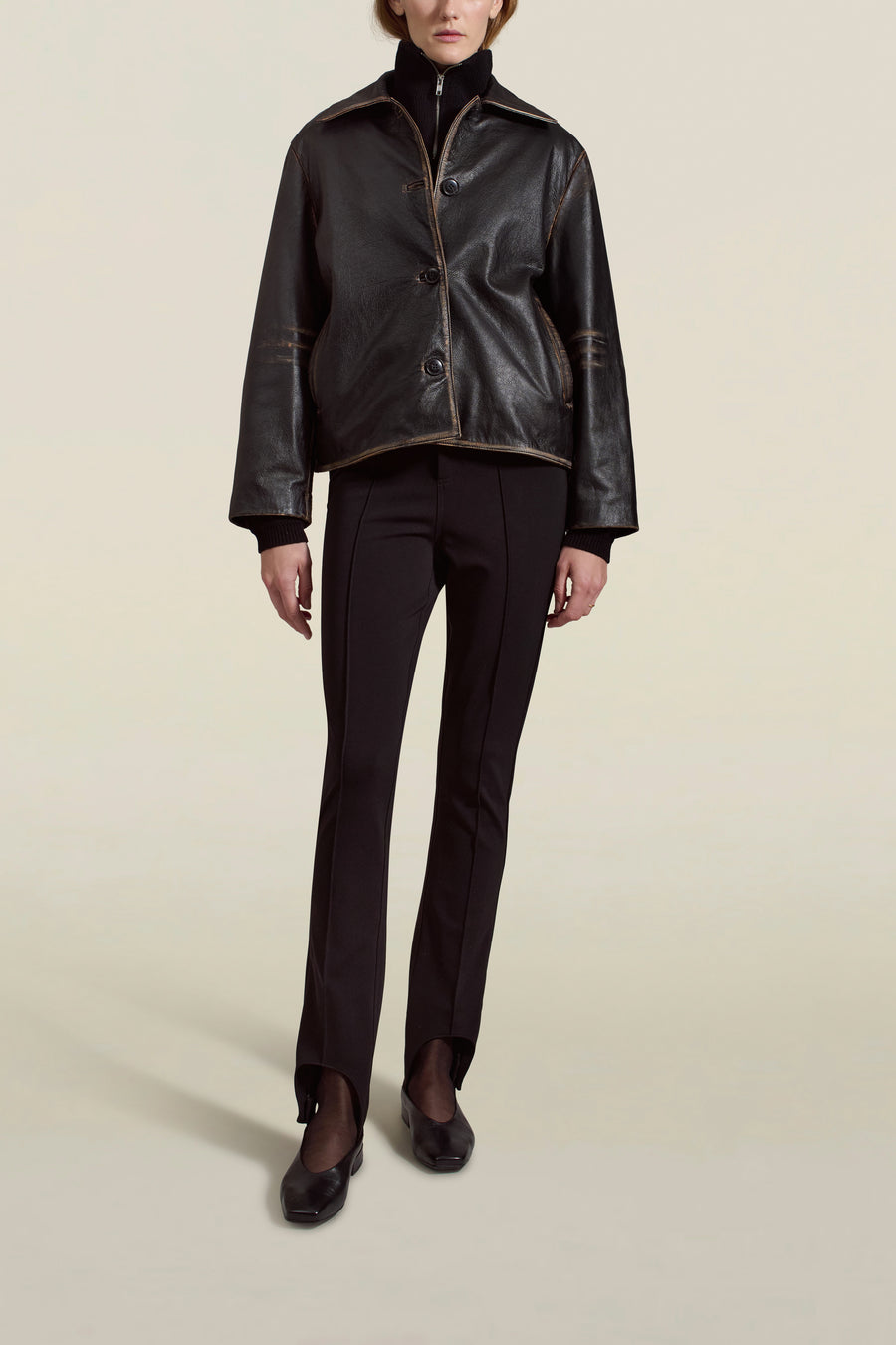 Remi Cropped Jacket in Black Distressed Leather