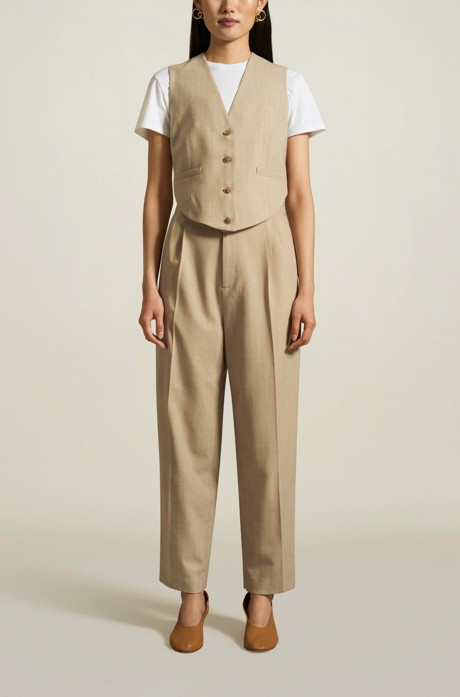Tiffany Trouser in Beige Pinstripe Tropical Wool