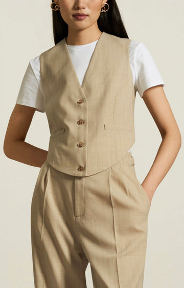 Bodice Suit Vest in Beige Pinstripe Tropical Wool
