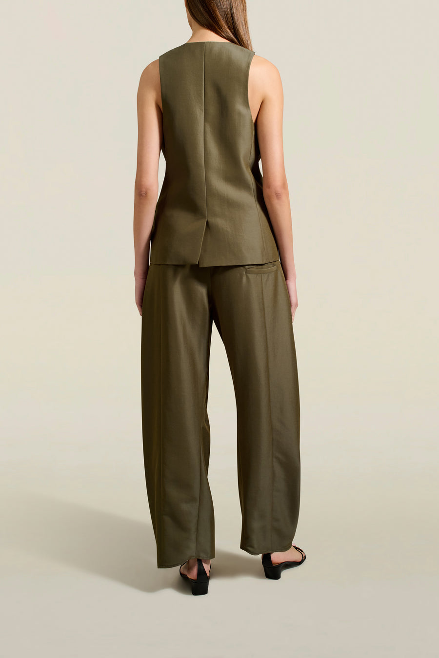 Clemence Pant in Olive Gazar Suiting