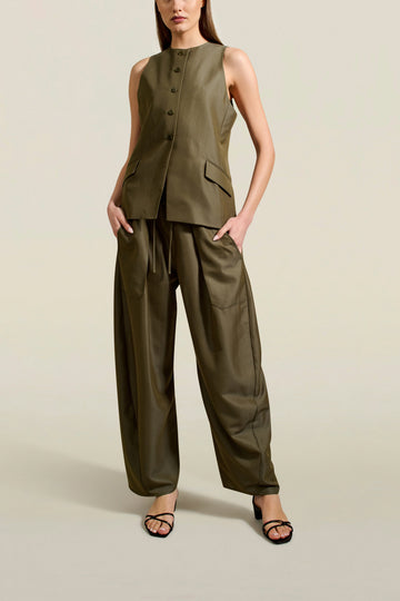 Clemence Pant in Olive Gazar Suiting