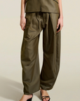 Clemence Pant in Olive Gazar Suiting
