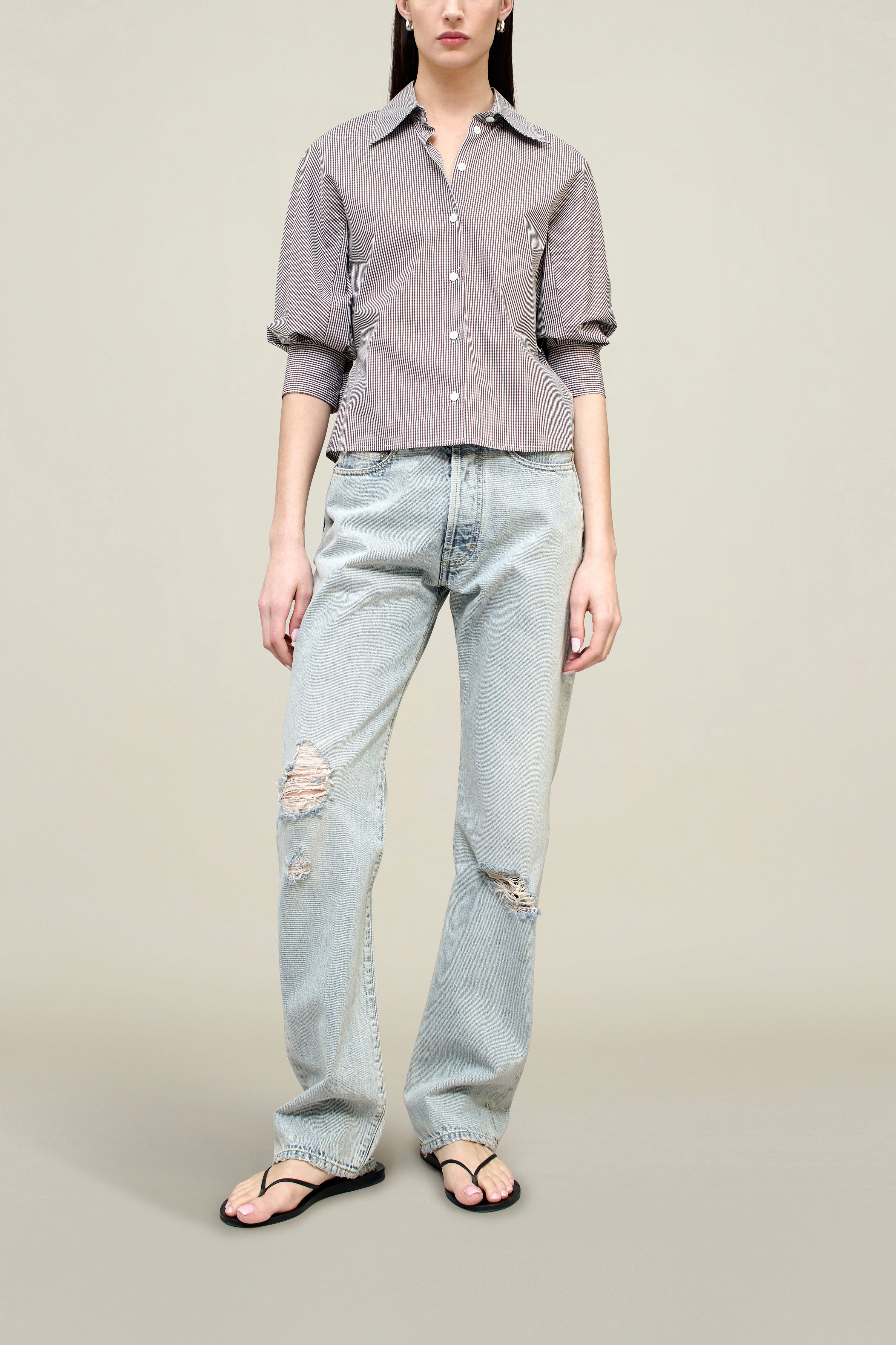 Colette 3/4 Sleeve Button Down in Poplin Gingham