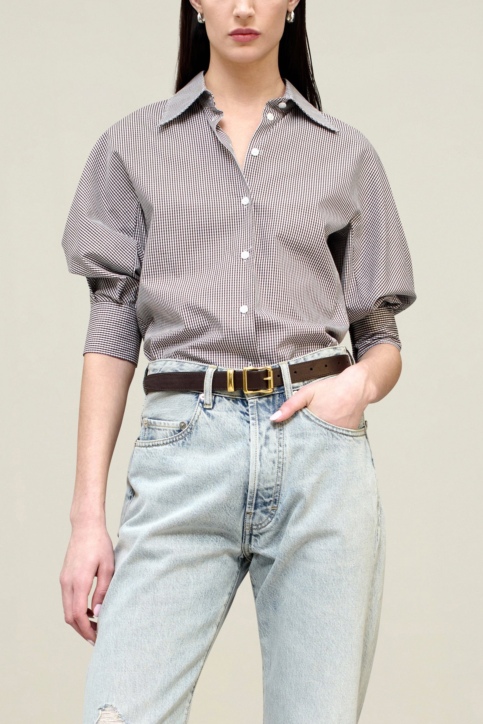 Colette 3/4 Sleeve Button Down in Poplin Gingham