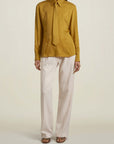 Léa Slim Blouse with Tie in Chartreuse Cupro Satin