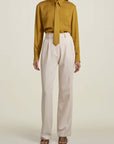 Léa Slim Blouse with Tie in Chartreuse Cupro Satin