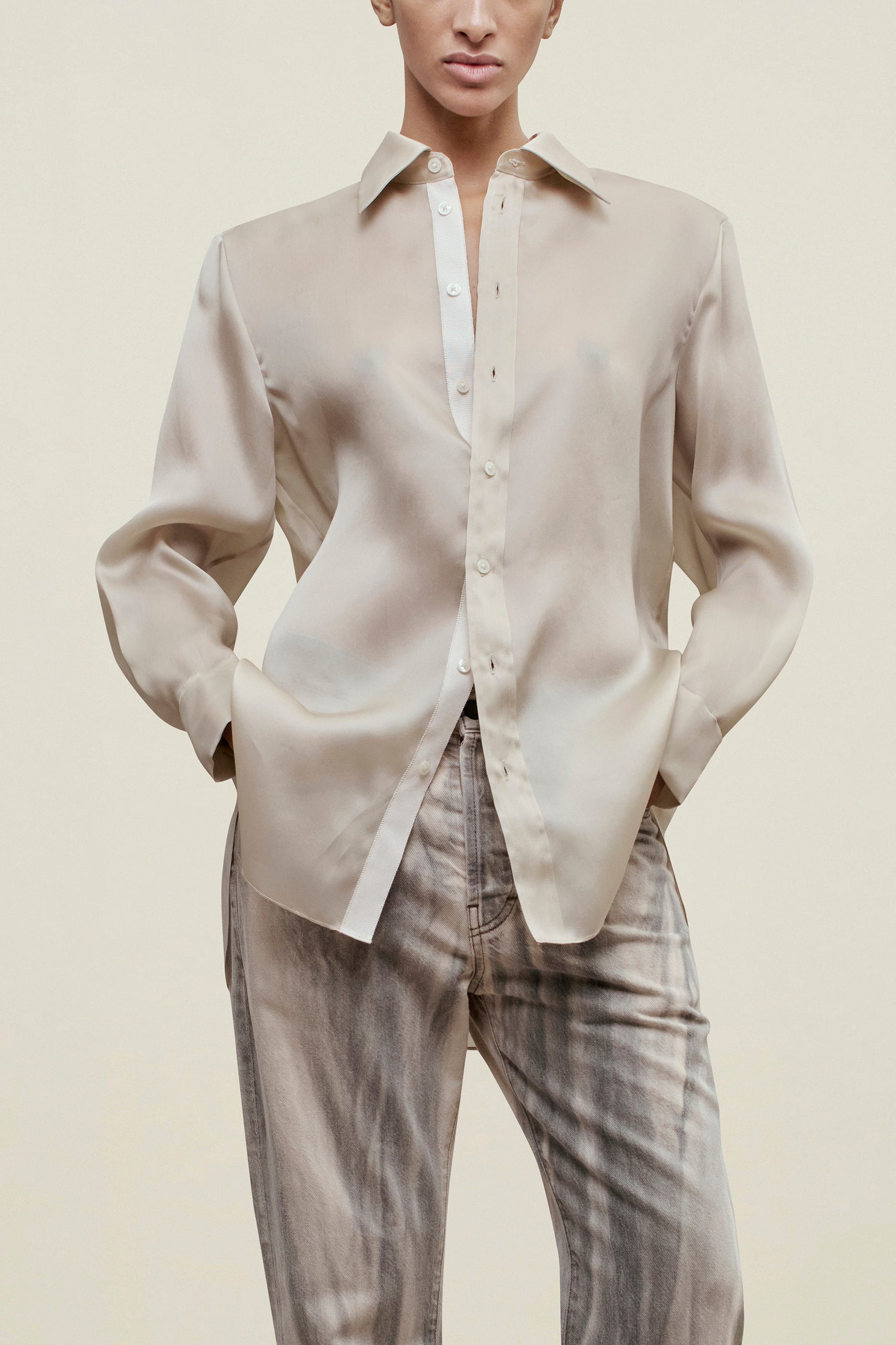 Dani Button Down in Satin Faced Organza