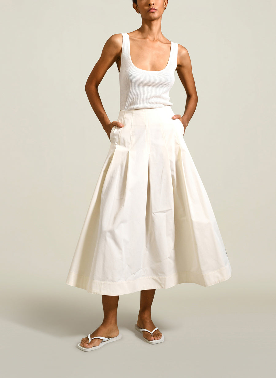 Dakota Pleated Skirt in Ivory Compact Cotton
