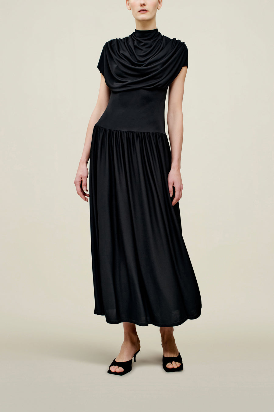 Victoria Draped Gown in Black Slinky Jersey KALLMEYER Victoria Draped Gown in Black Slinky Jersey KALLMEYER