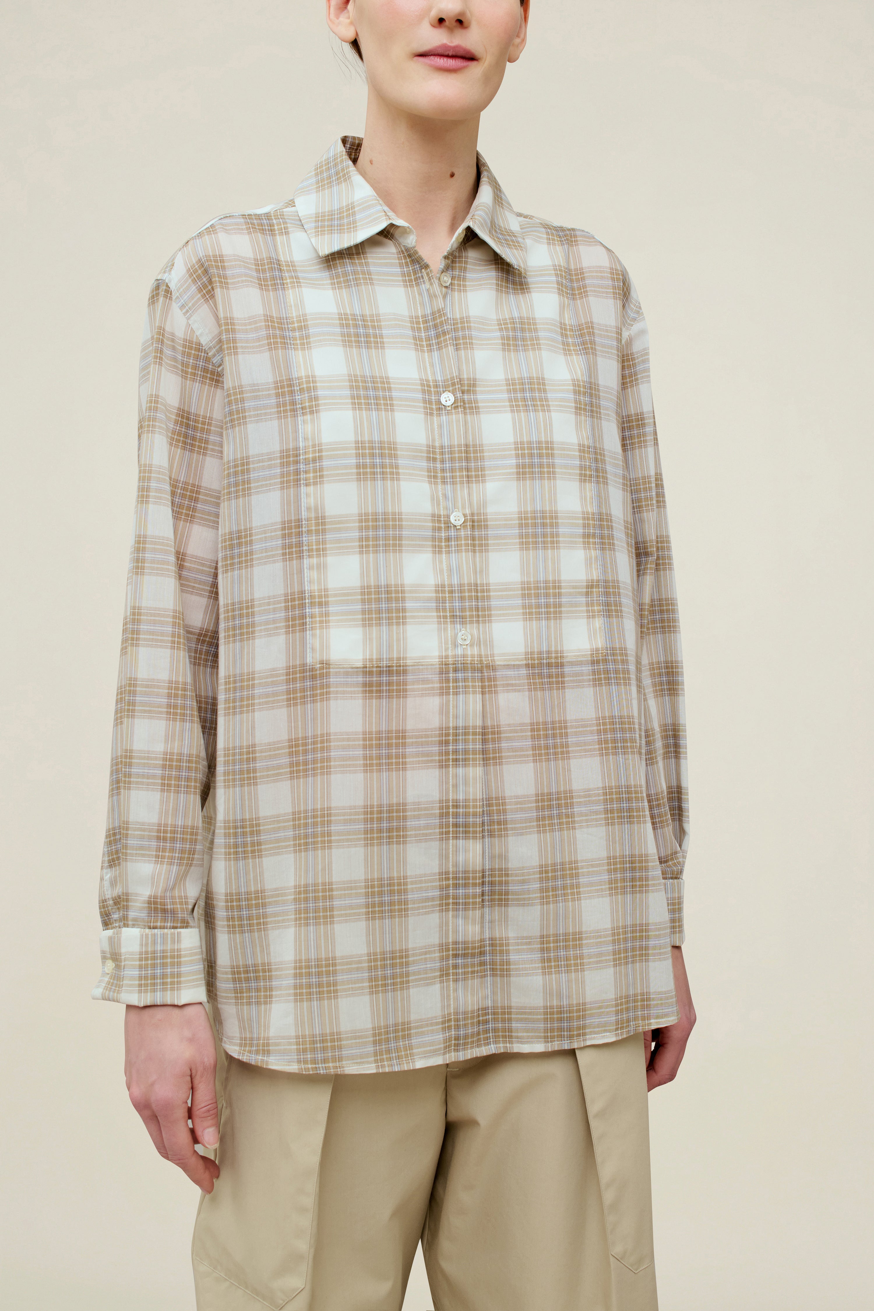 Chloé Bib Button Down in Beige Plaid