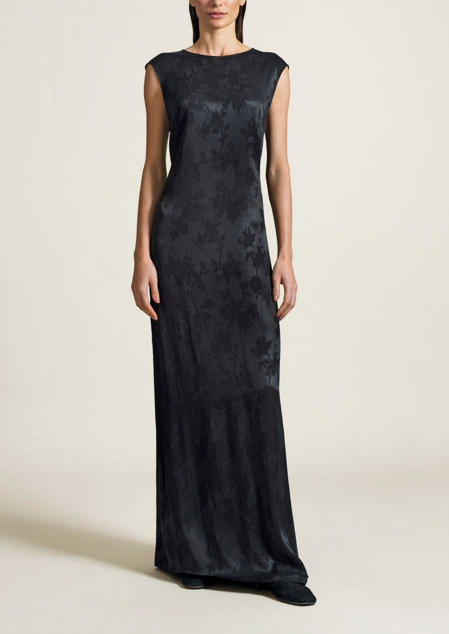 Circle Back Gown in Black Viscose Floral