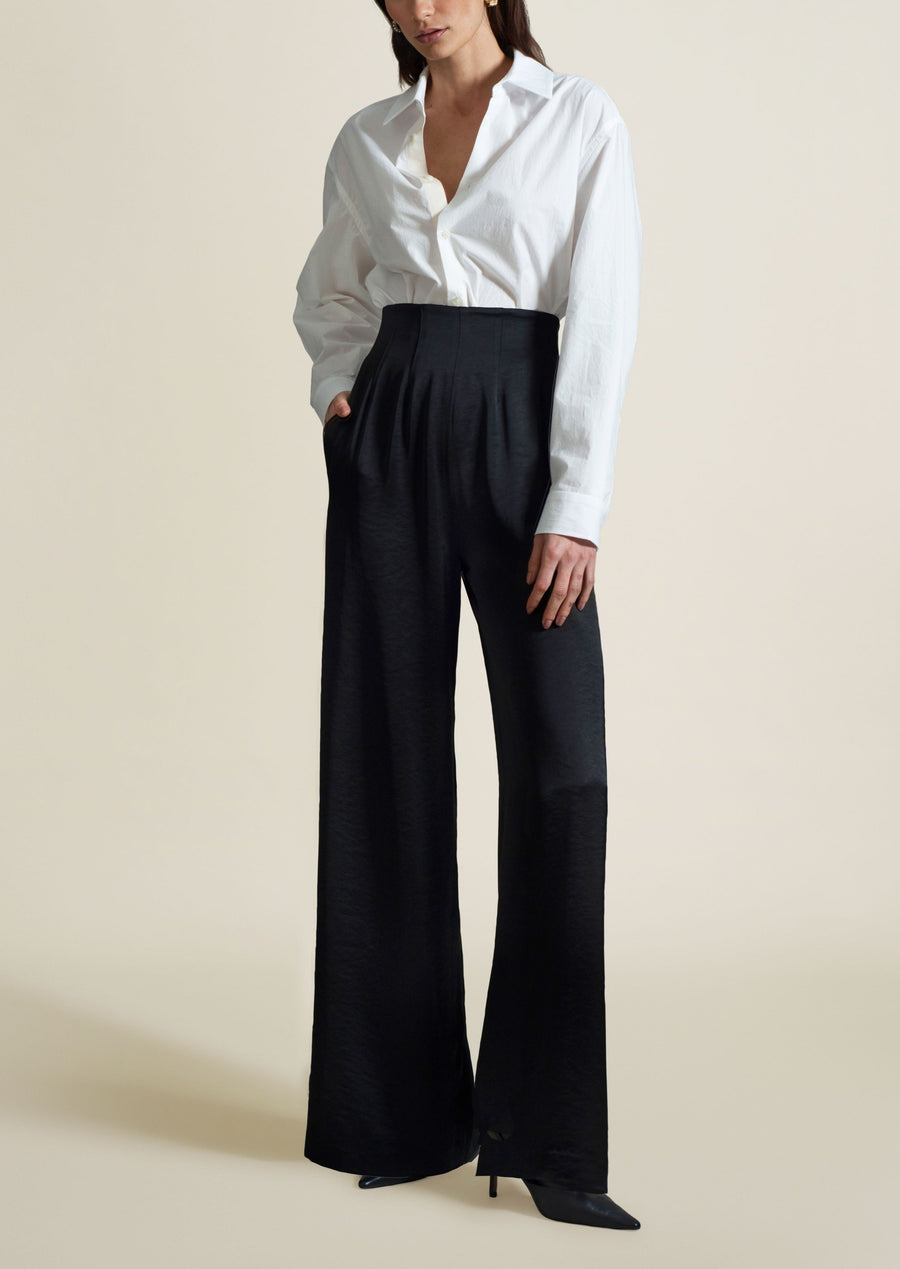 Yumi Black Satin Relaxed Trousers | Yumi