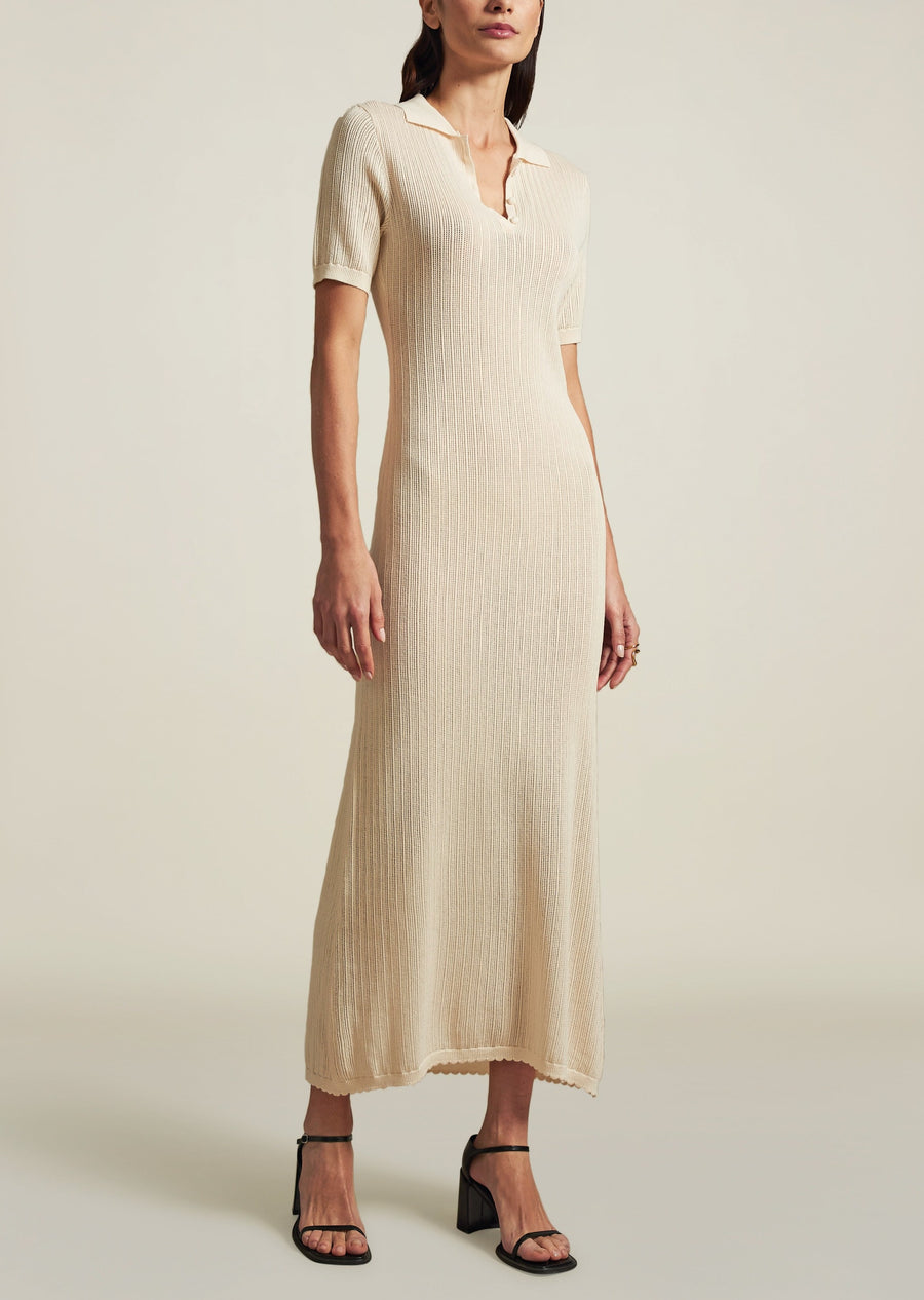 Open Weave Knit Polo Dress in Ivory